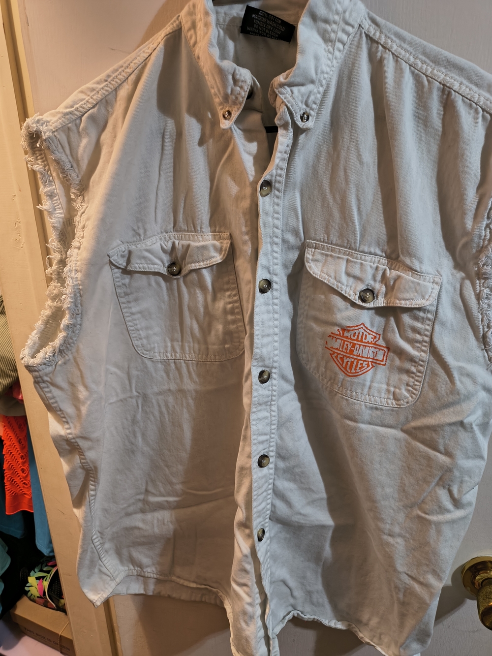 Harley-Davidson White Denim Sleeveless Button-Up Work Shirt